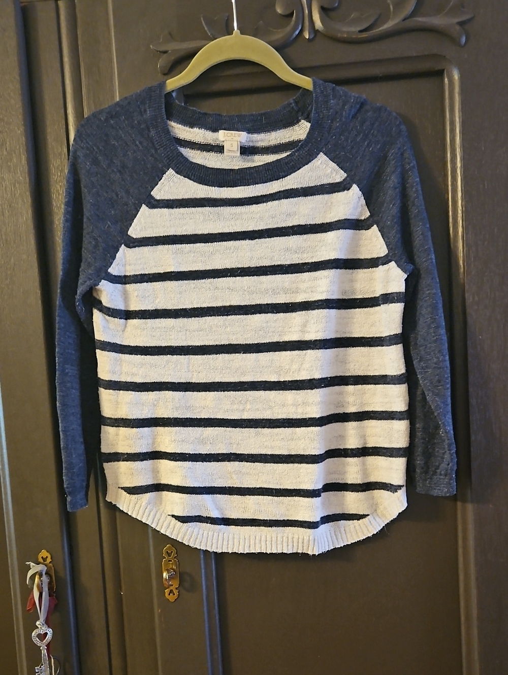 J. Crew Navy Striped Raglan Crewneck Linen Blend Sweater Tee